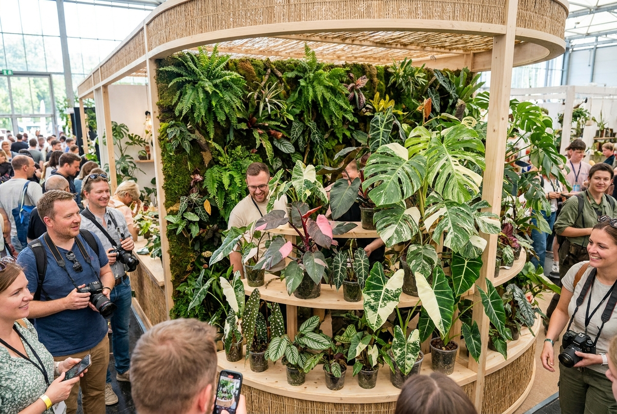 Natory Lab booth showcasing rare variegated plants at a plant expo
